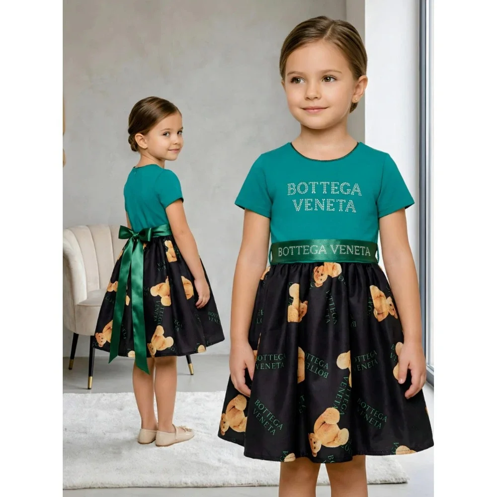 Bottega Veneta Girls Green Teddy Bear Logo Dress Kids‎ Size 3-4 Years NWT